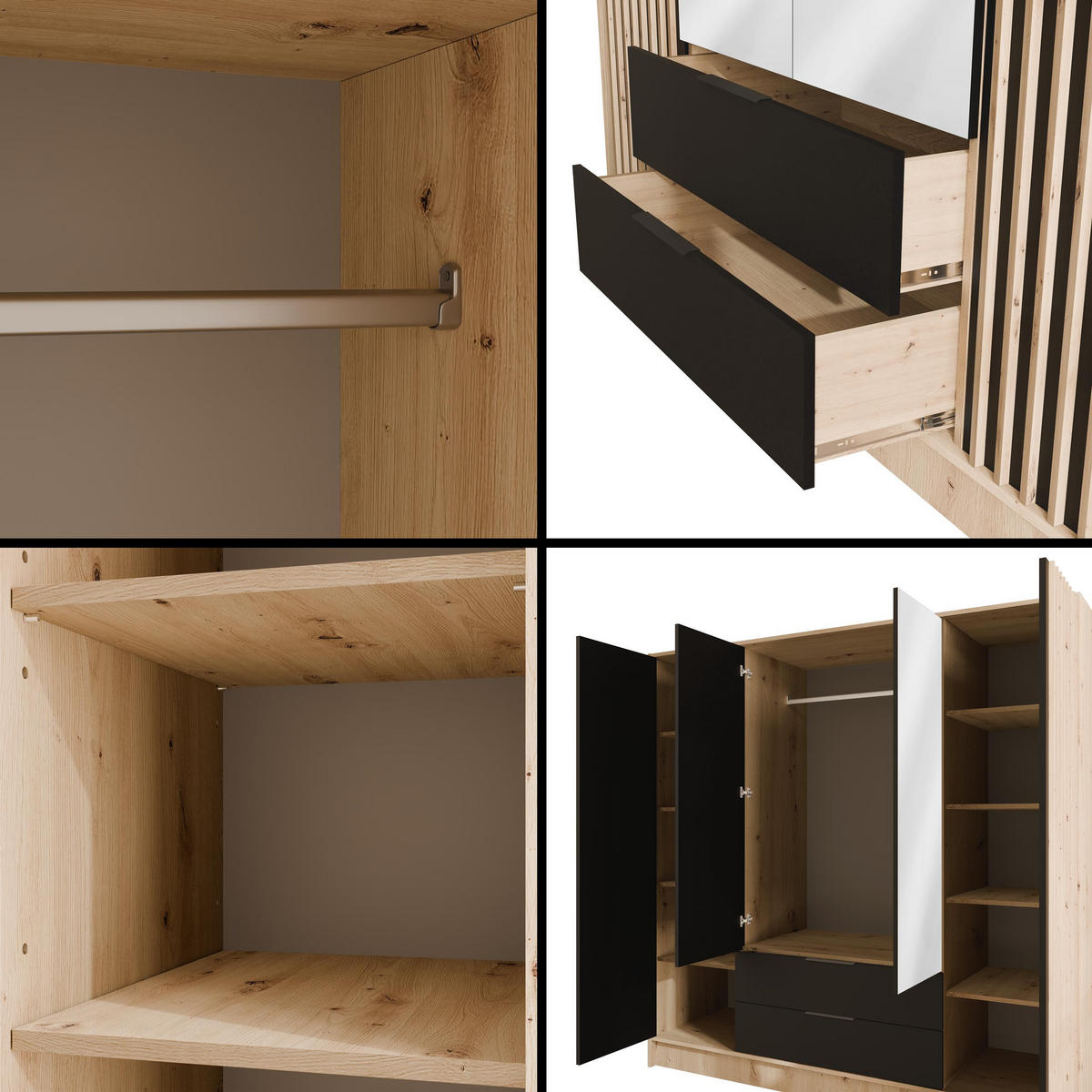 KLEIDERSCHRANK NELIA - 200 cm - Schwarz/Eiche Artisan, Holzwerkstoff (200/200/51cm) - ALTDECOR