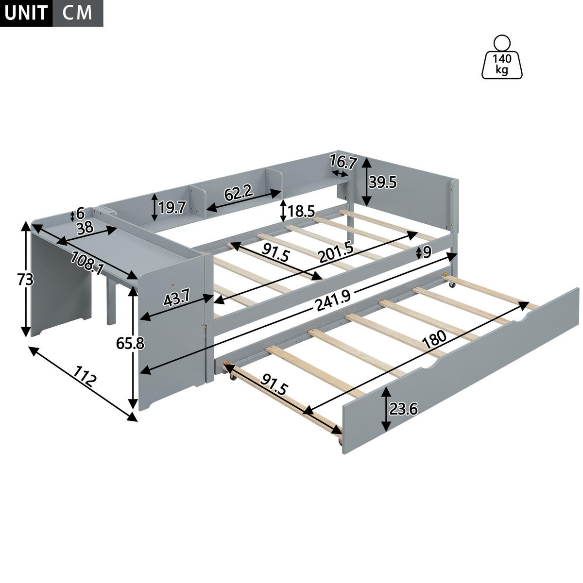 KINDERBETT 90/200 cm mit Ausziehbett, Schreibtisch und 3 Regalfächern - Grau, Holz (90/200cm) - BEAOK