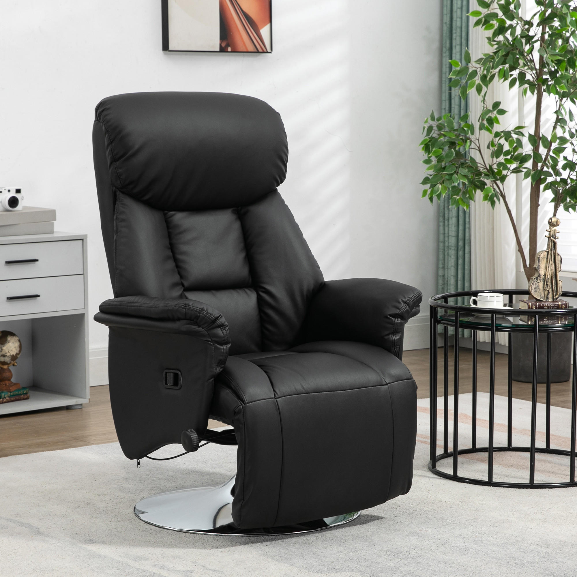 RELAXSESSEL Fernsehsessel mit Manuell Verstellbar Rückenlehne, Fußteil Schwarz - Schwarz, Leder (78/109/80cm) - HOMCOM