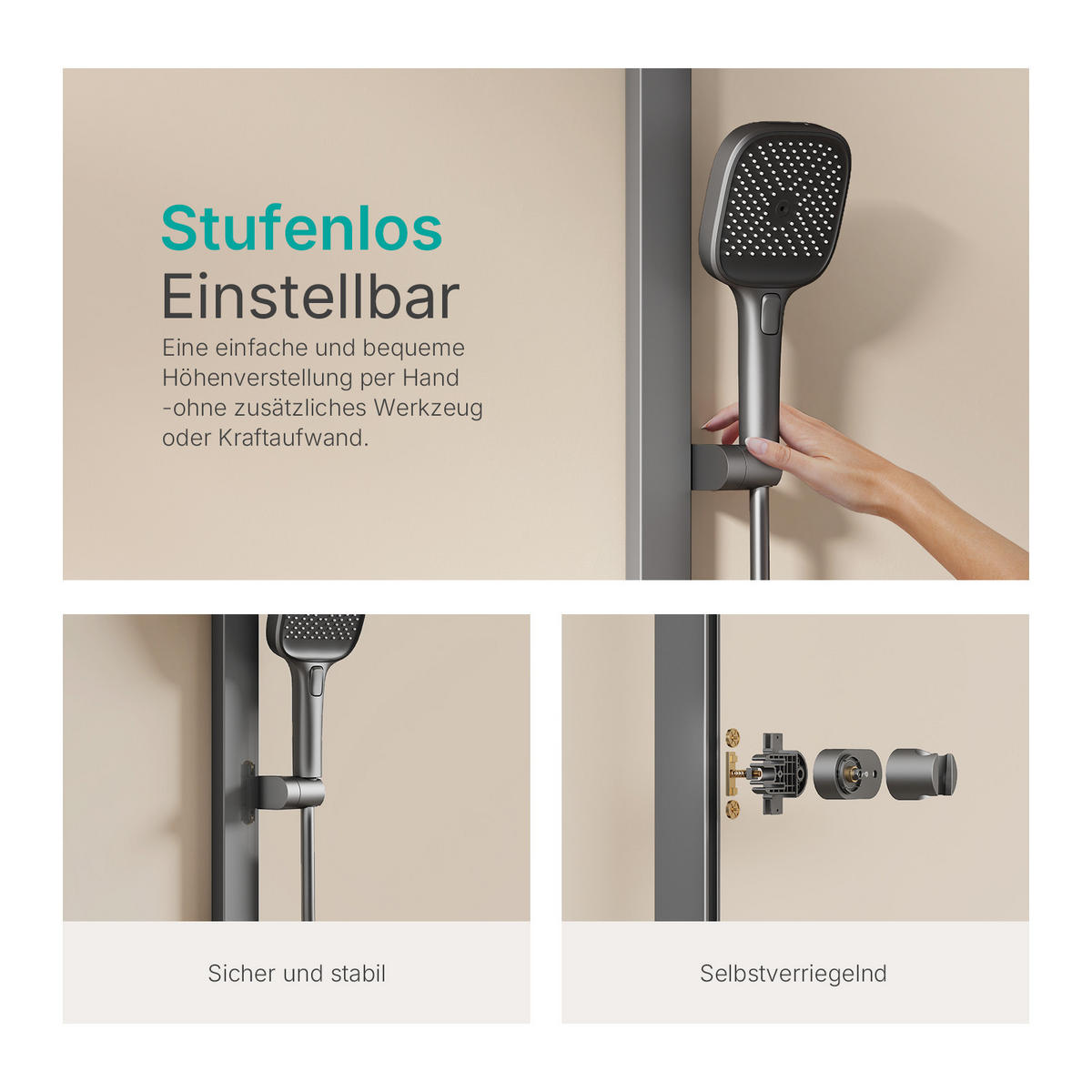 ÜBERKOPFBRAUSESET mit Thermostat Einstellbarer Durchfluss 4-Strahl Anthrazit Matt - Anthrazit, Metall (40.2/105/57.3cm) - EMKE