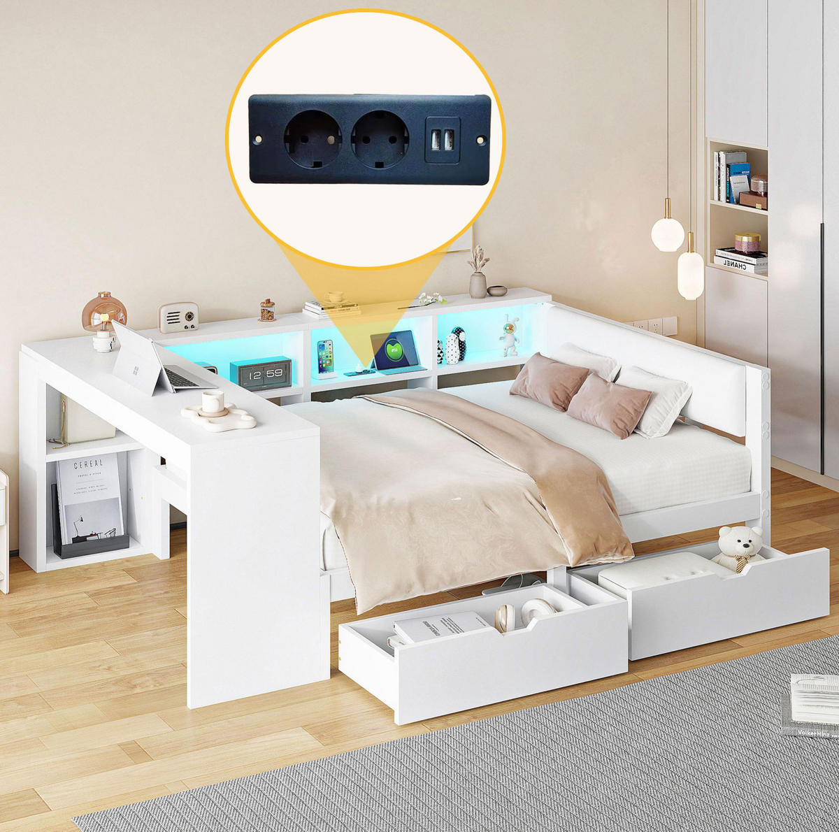 MULTIFUNKTIONSBETT 140/200 cm Weiß mit LED-Beleuchtung Ladestation Stauraum und gepolstertem Kopfteil - Weiß, Holzwerkstoff (140/200cm) - OKWISH