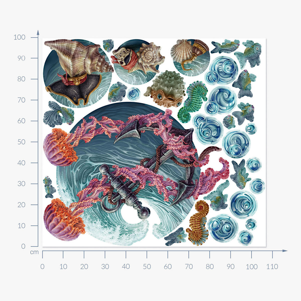 WANDAUFKLEBER 100x107cm - Die Unterwasserwelt der Quallen - Multicolor, Kunststoff (100/107/0.1cm) - Wallfluent