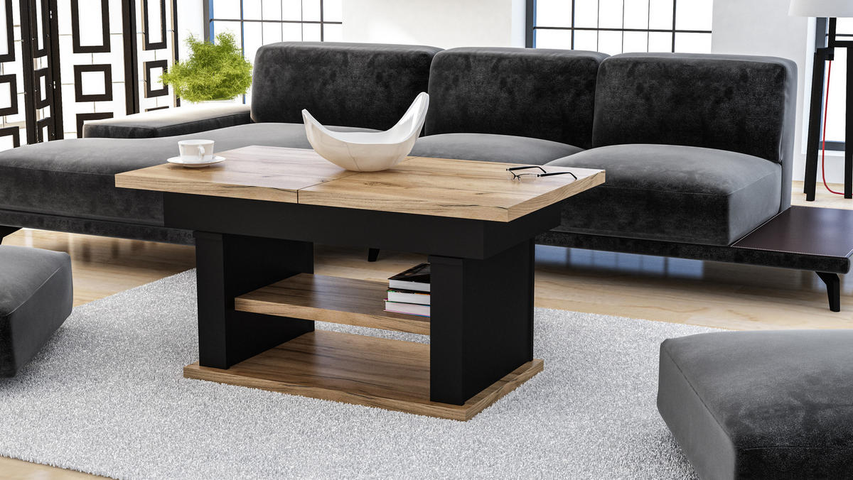 COUCHTISCH rechteckig Eiche Gold - Schwarz ausziehbar höhenverstellbar - Eichefarben/Schwarz, Holzwerkstoff (70/120/60cm) - designimpex