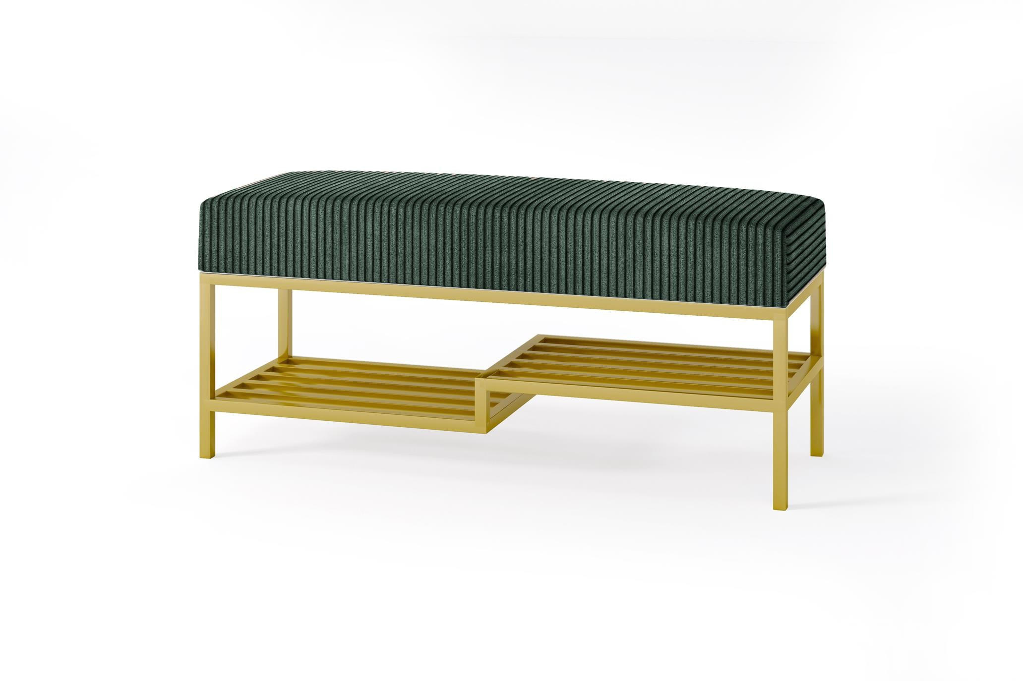 SITZBANK Mello 80 Grün, Goldfarbene Beine, Cordstoff Bank mit Ablage - Goldfarben/Grün, Holzwerkstoff/Textil (80/45/35cm) - Bettso