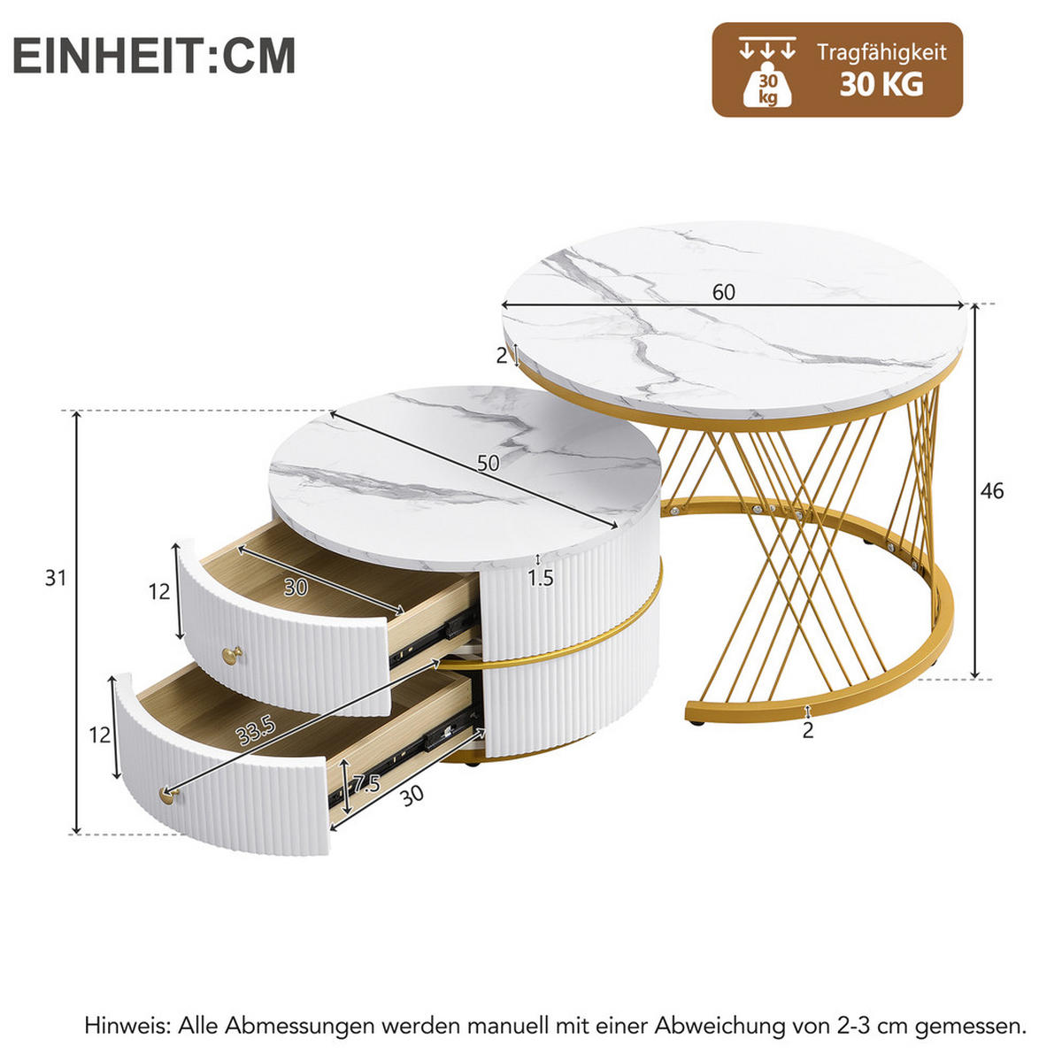 COUCHTISCH Nesting Set 2-tlg Weiß Marmoroptik Gold Beine 2 Schubladen 30kg - Weiß, Holz (68.99/68/41cm) - FLIEKS