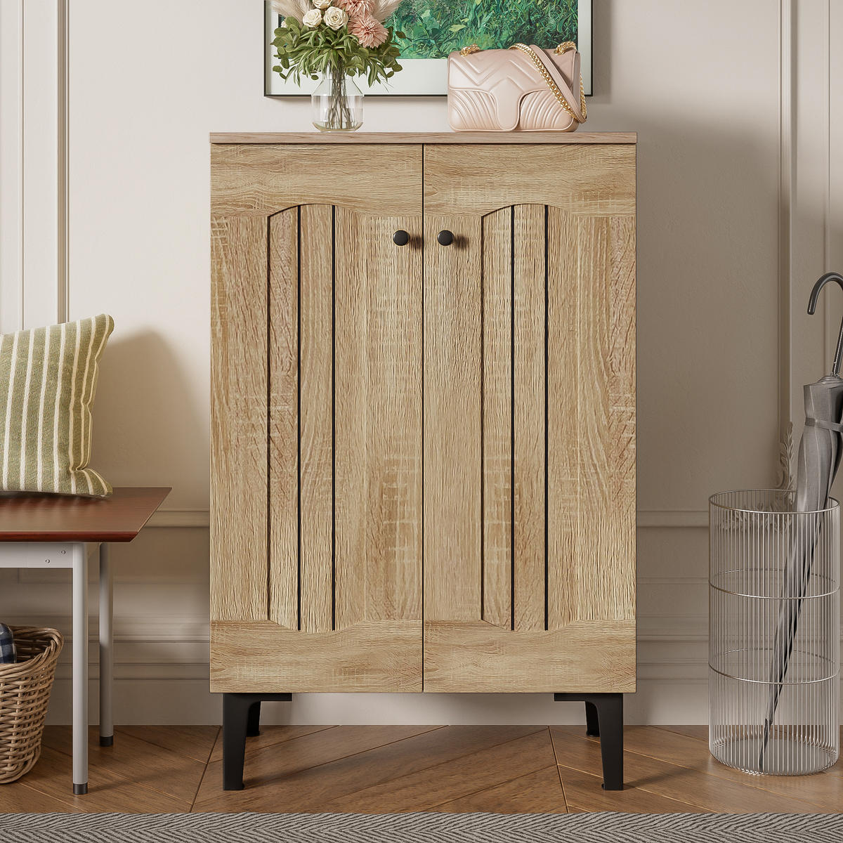 SCHUHSCHRANK 2 Türen Stauraum Mehrschichtige Böden Ablage - Naturfarben, Holzwerkstoff (31.5/95/60cm) - FLIEKS