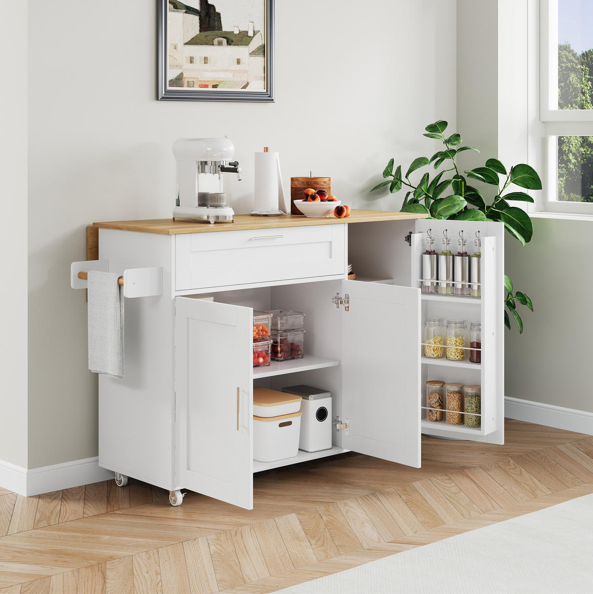 KÜCHENINSEL 132,5/90/44(70) cm Weiß/Natur aus MDF mit klappbarer Arbeitsplatte - Weiß, Holzwerkstoff (44/90/132.5cm) - OKMYHOME