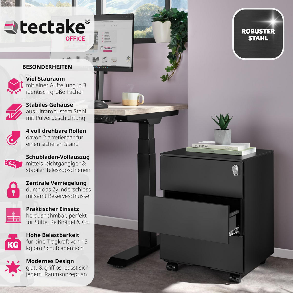 AKTENROLLSCHRANK Magna,39 x 45 x 55 cm,schwarz - Schwarz, Textil (39/55/45cm) - tectake