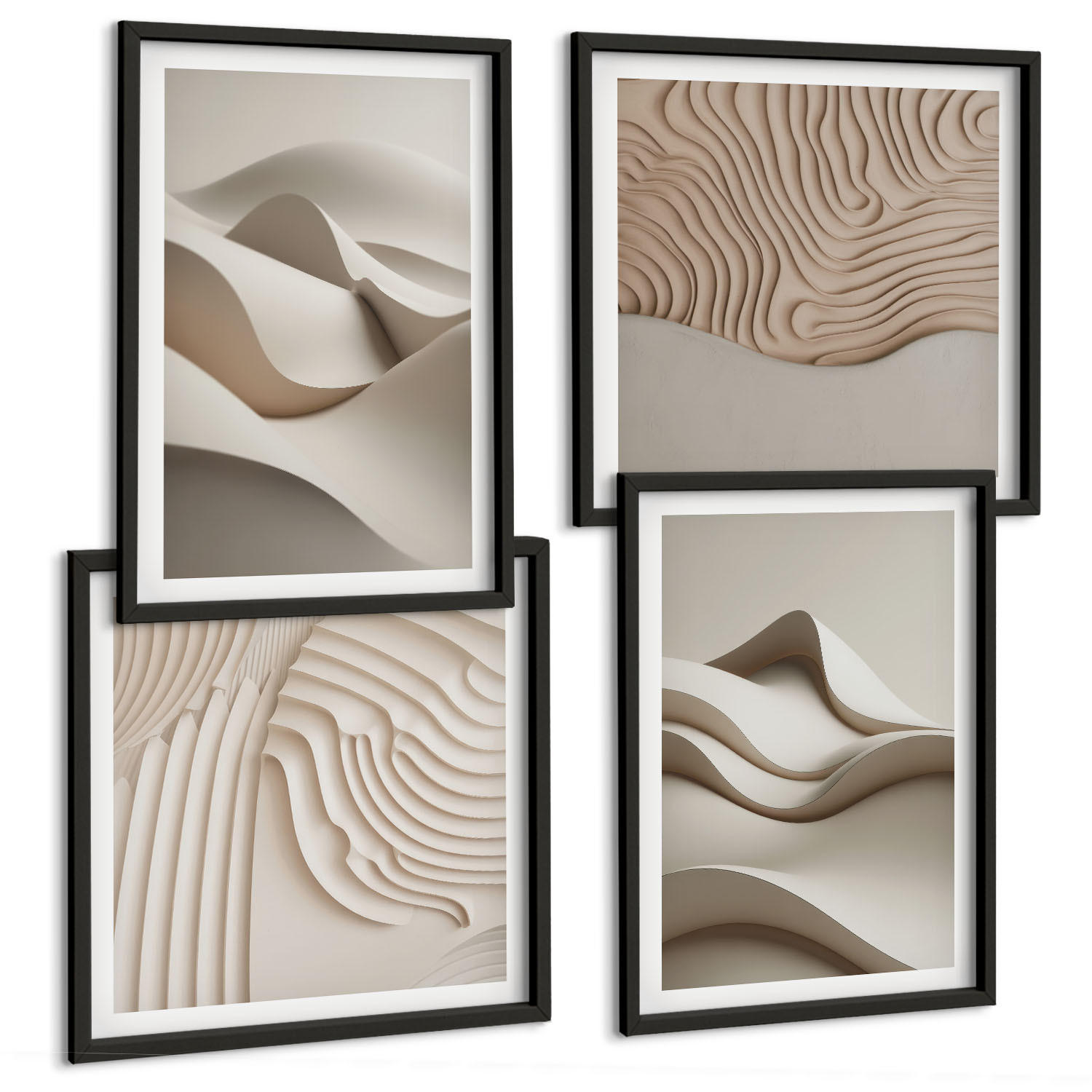 BILDER SET 4er Set - 50x50 cm & 40x60 cm Schwarzer Rahmen - Abstrakte beige Wellen - Schwarz, Kunststoff (50/50cm) - TULUP