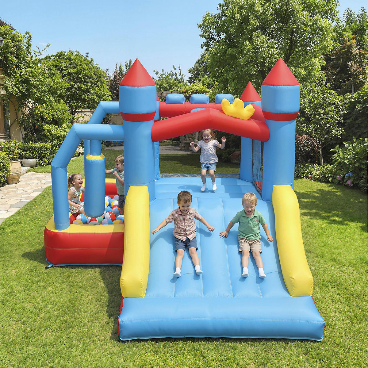 HÜPFBURG DE-18569 5-in-1 mit Wasserspielzeug & Trampolin Bunt - Multicolor, Kunststoff (277/270/215cm) - ComfortXL