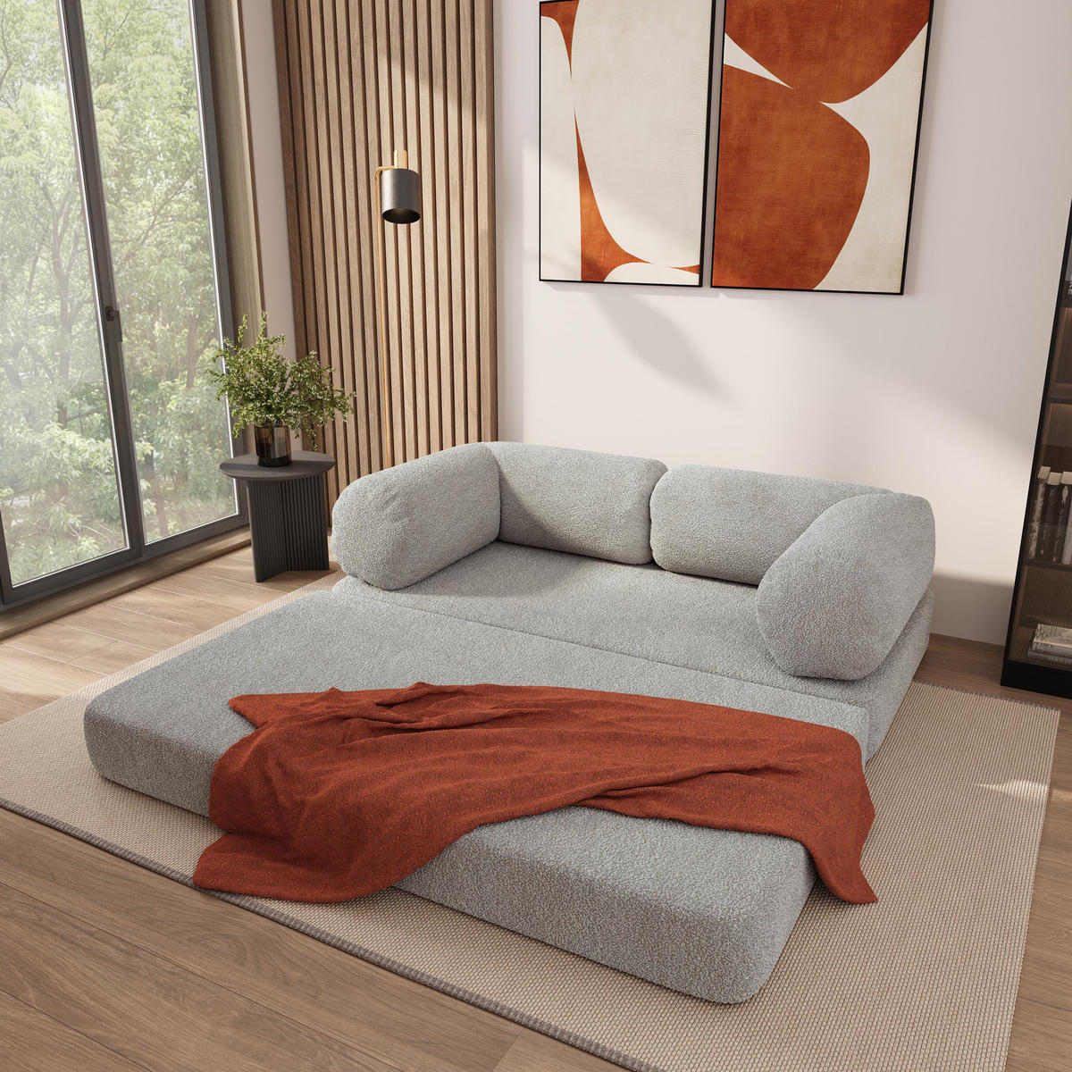 POHOVKA z pěny EIREN s funkcí spaní Buklé látka Světle šedá - světle šedá, textil (170/68/80cm) - MASSENO