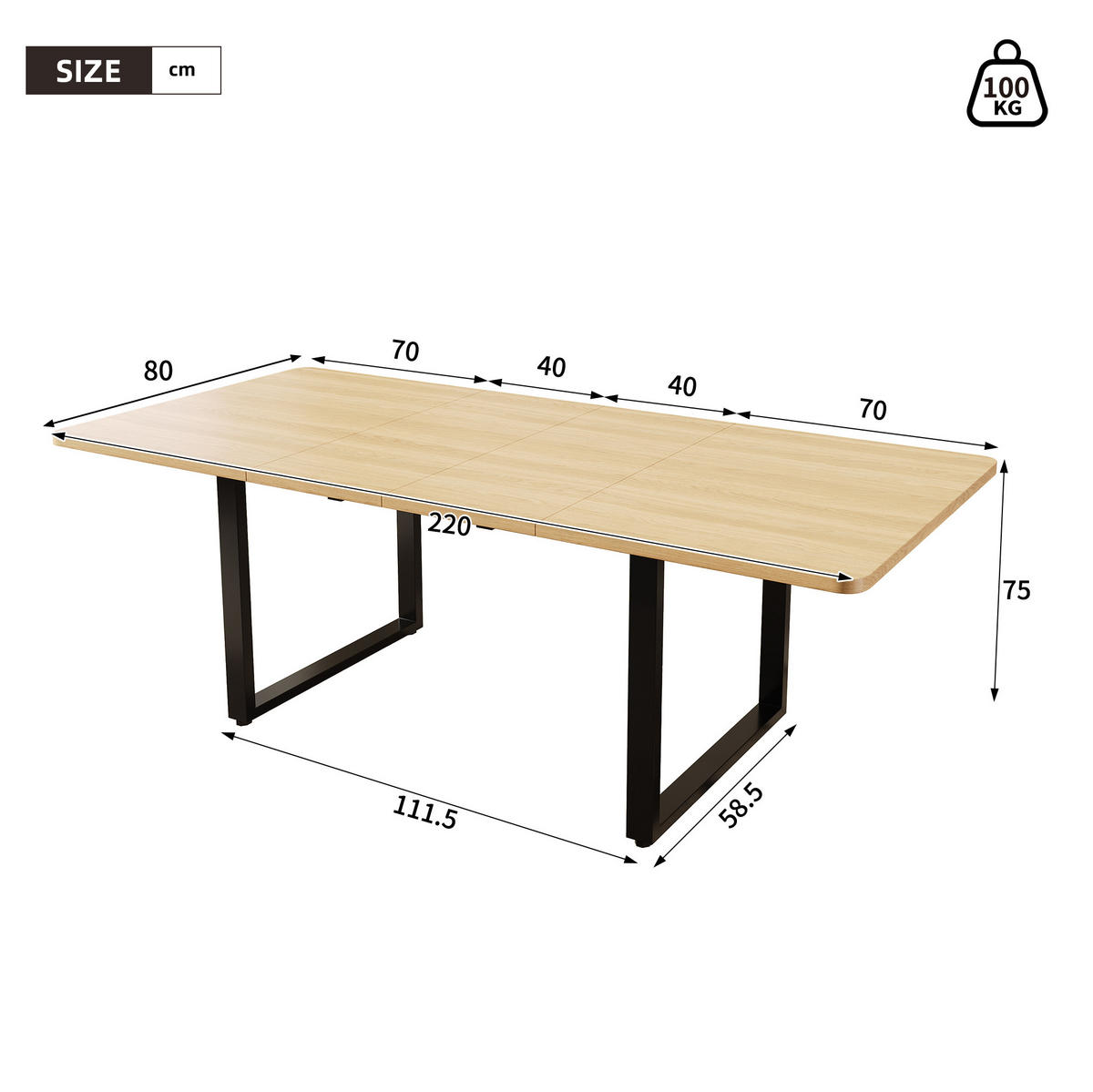 JEDÁLENSKÝ stôl 140–220/80/75 cm rozkladací pre 6–10 osôb, MDF a kovové nohy, dubová - farba duba, kompozitné drevo (220/80/75cm) - Redom