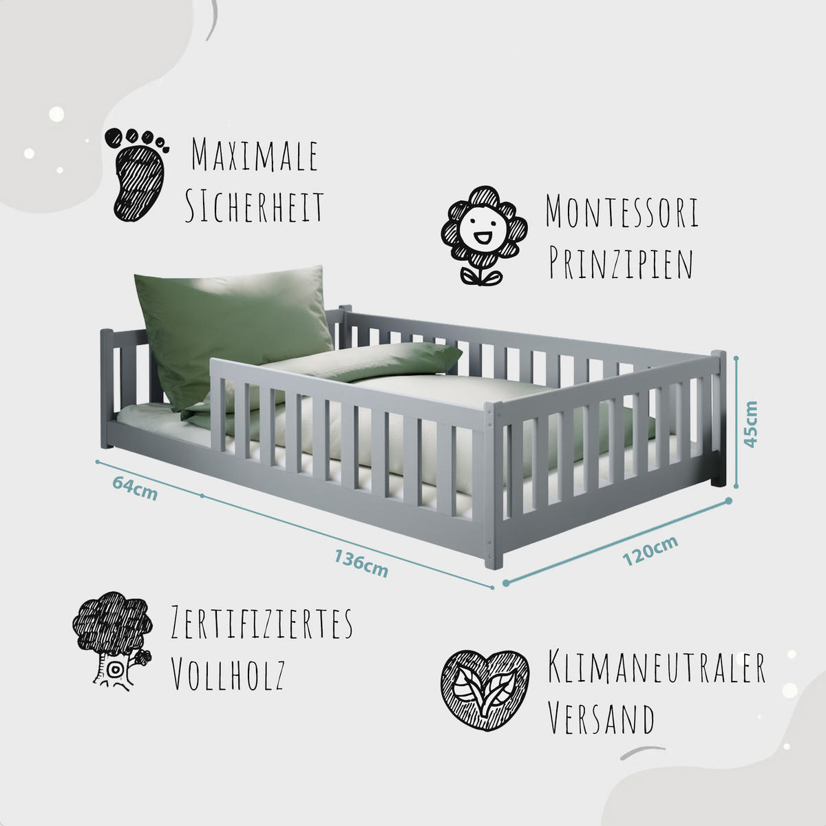 BODENBETT 120x200 cm in Aschgrau - Hellgrau, Holz (120/200cm) - Kids Collective