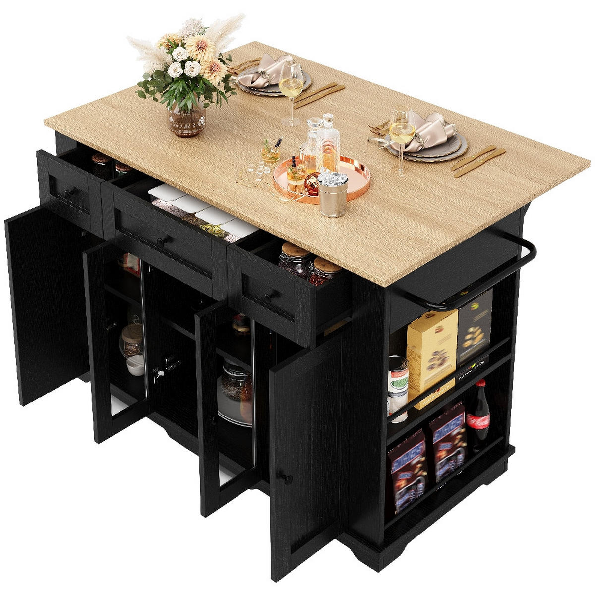 KÜCHENINSEL Klappbare Arbeitsplatte, Buffetschrank mit Glastüren, Schwarz-Holzmaserung, Küche, 151,5/85/91,7 cm - Schwarz, Kunststoff (60/91.7/151.5cm) - Rolipo