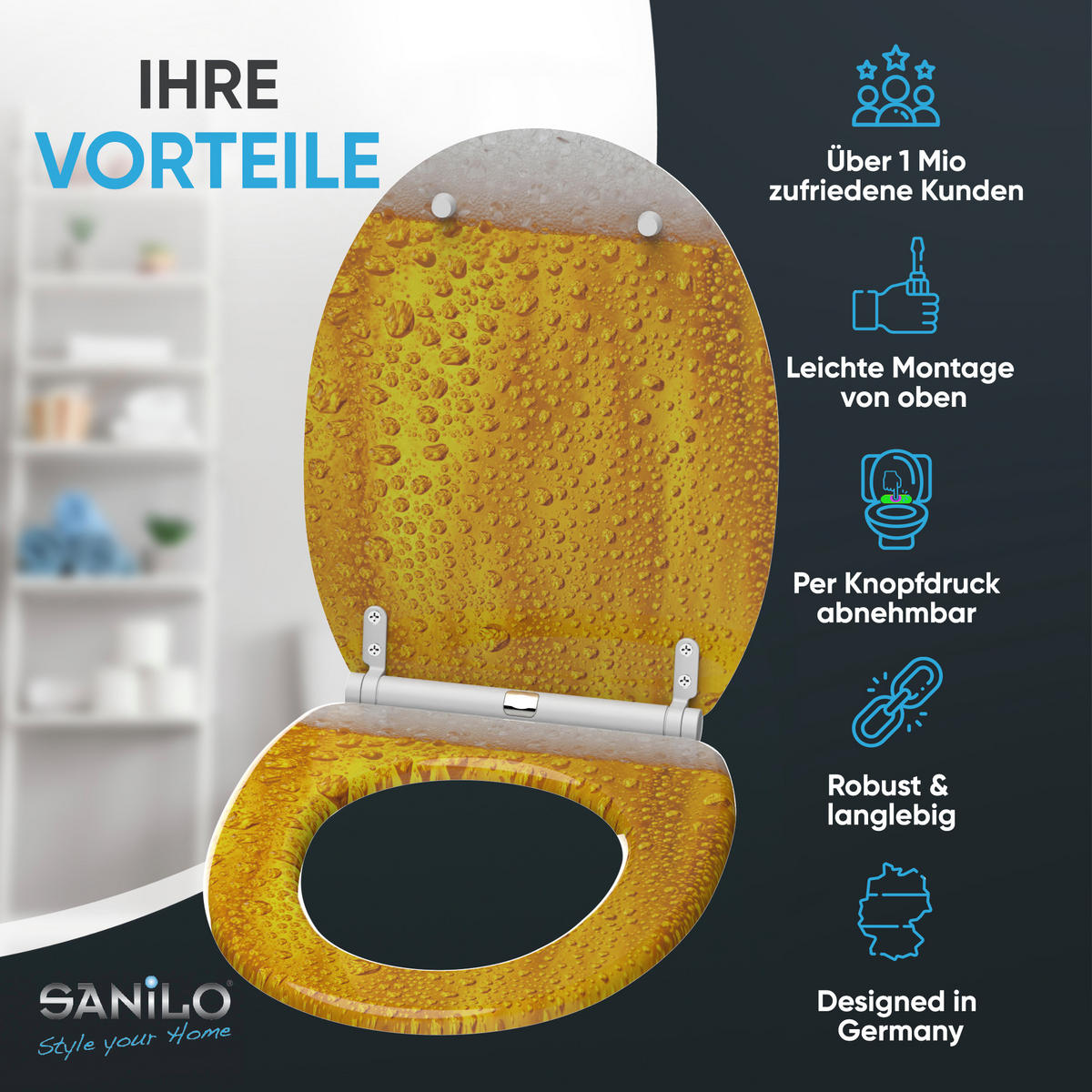 WC-SITZ mit Absenkautomatik & Top Fix Bier - Gelb, Holzwerkstoff (37.7/5.5/48cm) - Sanilo
