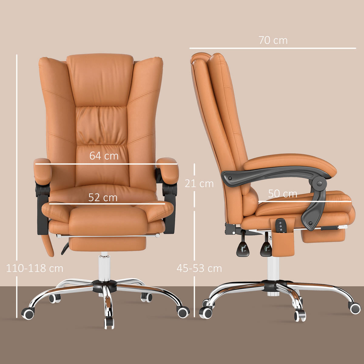 KANCELÁŘSKÁ ŽIDLE s masážní funkcí Ergonomické křeslo s vyhříváním - hnědá, plast (70/118/64cm) - Vinsetto
