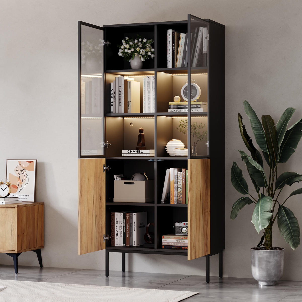 VITRINE LED Glasvitrine 180cm Bücherregal Schwarz Eiche - Multicolor, Holzwerkstoff (74/180/31cm) - FLIEKS