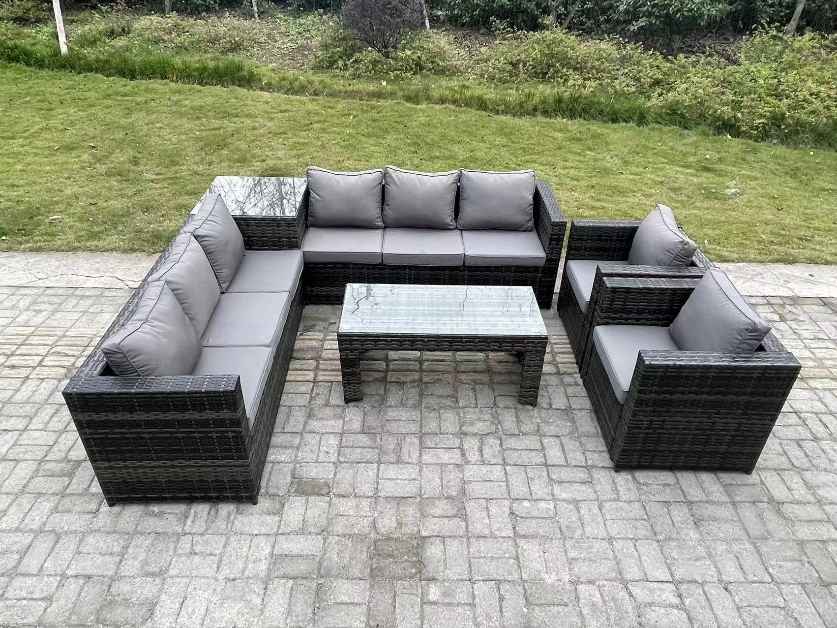 LOUNGESOFA Polyrattan 8-Sitzer - Dunkelgrau/Grau, Glas/Kunststoff - Fimous