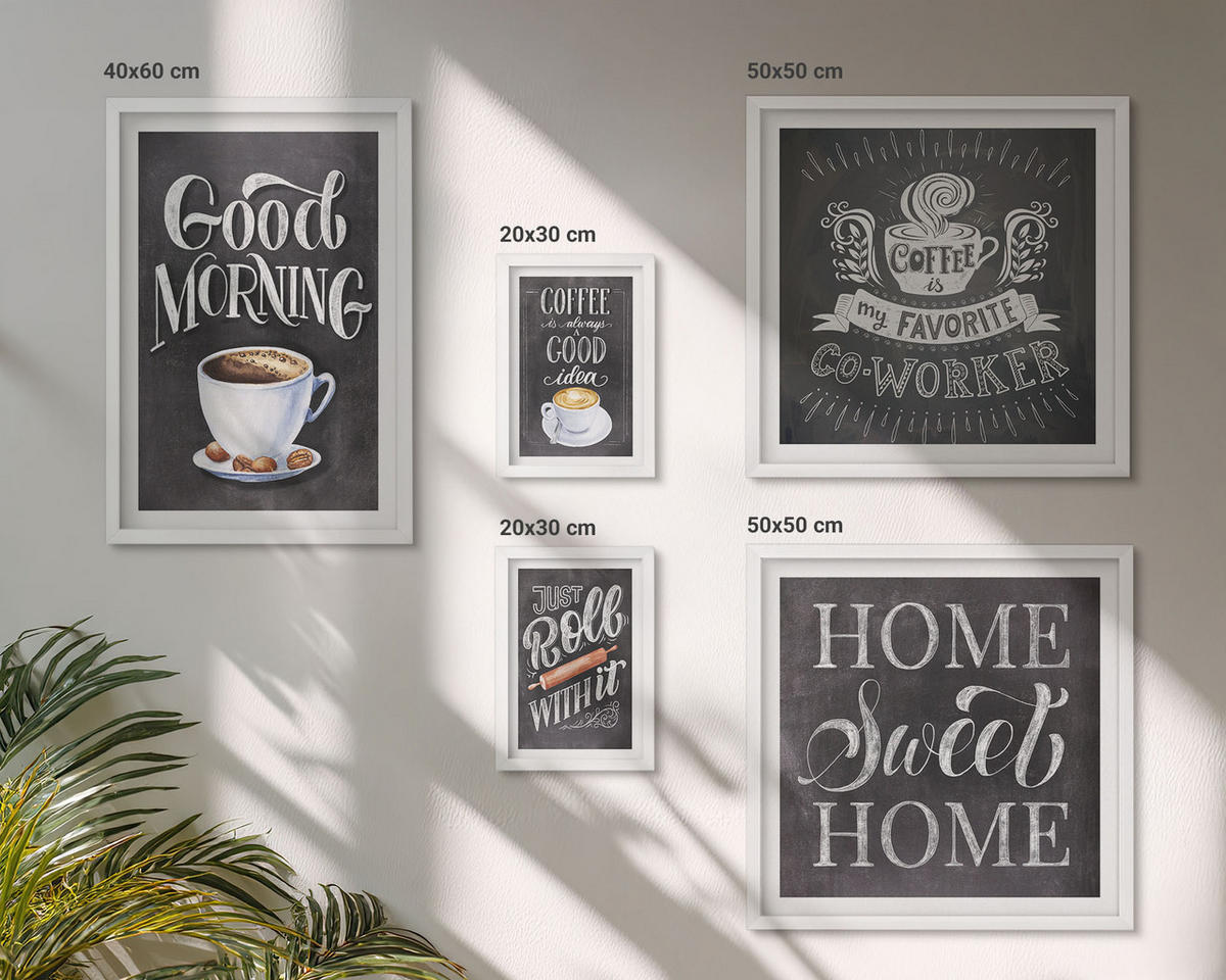 BILDER SET 5er Set - 50x50 cm & 20x30 cm & 40x60 cm Weißer Rahmen - Kaffeeroller, heimelige Wärme - Weiß, Kunststoff (40/60cm) - TULUP