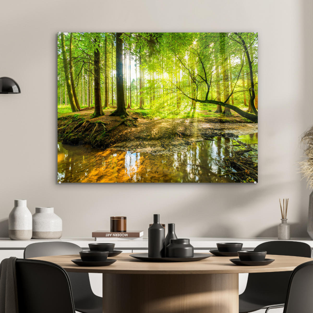 ACRYLGLASBILD Wald - Landschaft - Wasser - Bäume - Sonne - Grün - Natur 80x60 cm - Grün, Glas (80/60cm) - MuchoWow