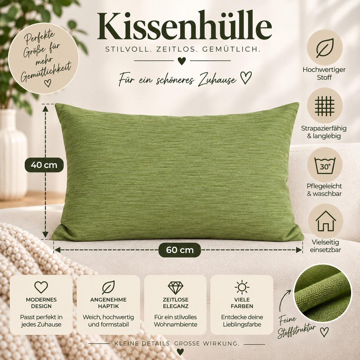 KISSENBEZUG Canada 40/60 cm meliert Grün - Grün, Textil (40/60cm) - TiborTex
