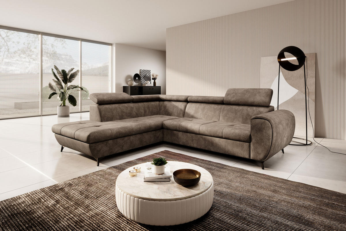 ECKSOFA MAGIA L-S Braun Plüsch-Stoff mit Schlaffunktion - Braun, Holz (260/217cm) - MASSENO