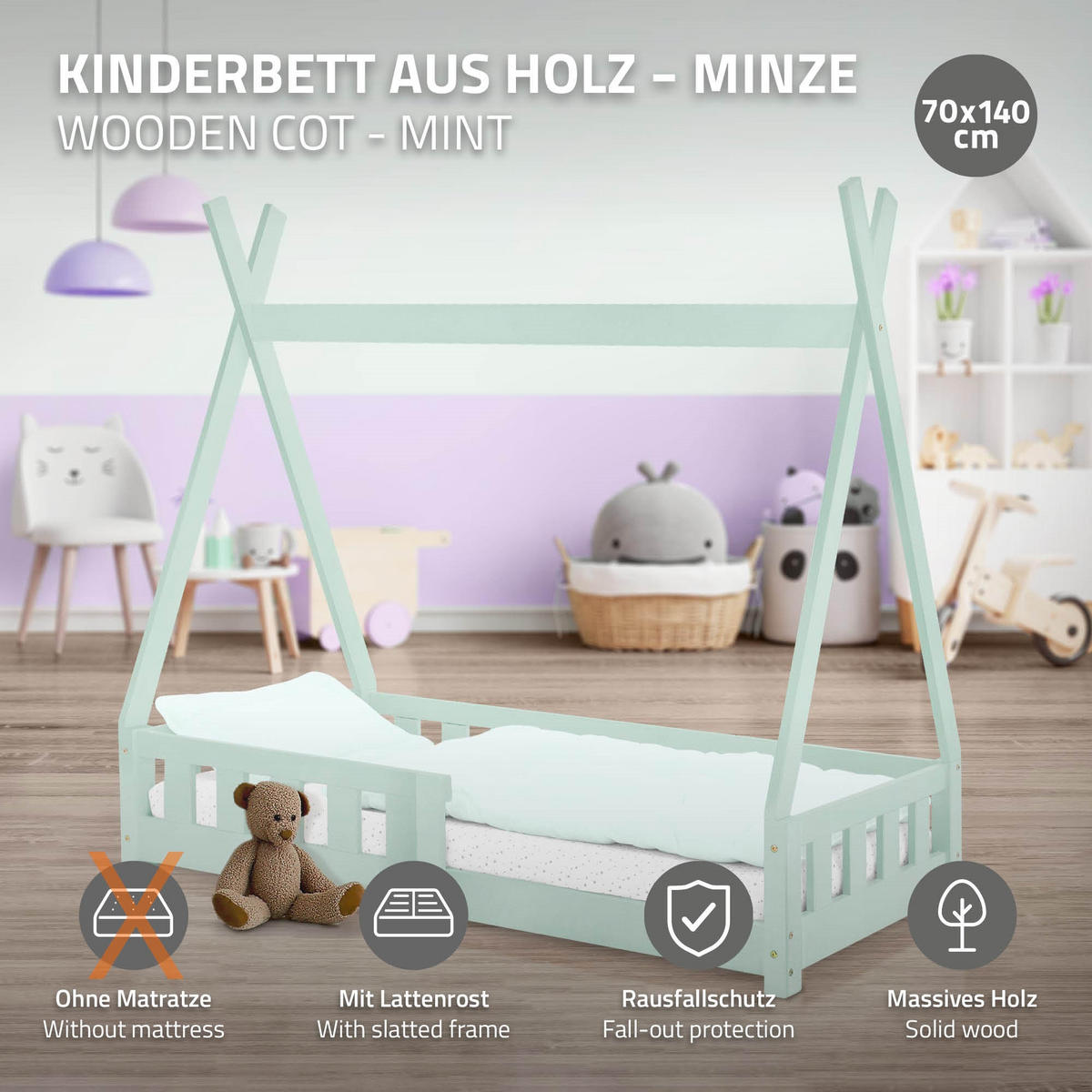 KINDERBETT Tipi 70x140 cm Mint - Mintgrün, Holz (70/140cm) - ML-DESIGN