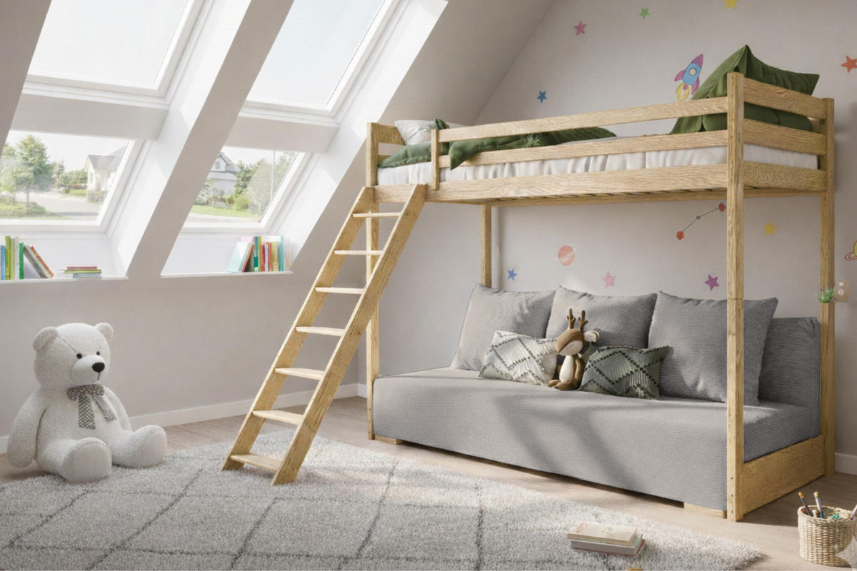 ETAGENBETT SIDNEY 90x200 in Kiefer / Greige - Greige/Kieferfarben, Holz/Holzwerkstoff (90/200cm) - Deine Möbel 24