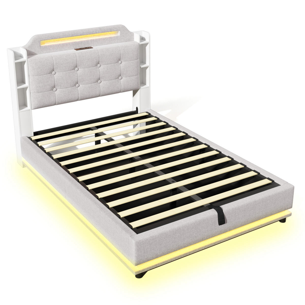 POLSTERBETT mit Bettkasten 140x200 cm Leinen Beige mit LED - Beige, Metall (140/200cm) - Meubliv