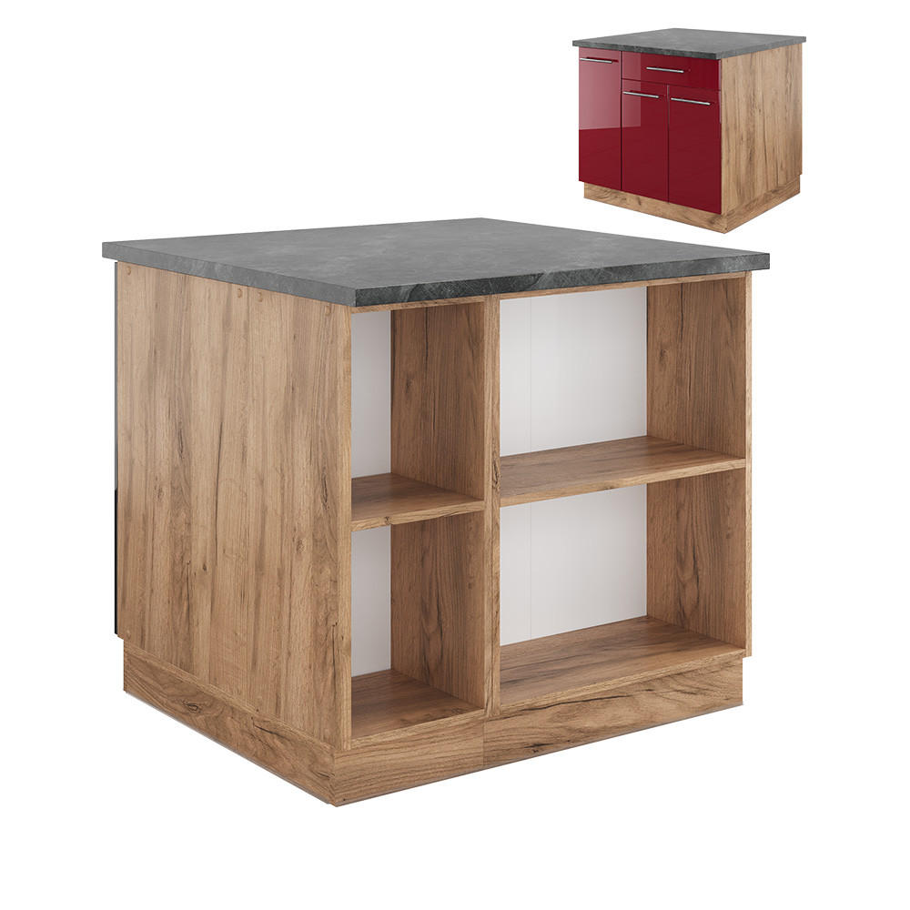 KÜCHENINSEL Fame-Line Bordeaux Hochglanz/Goldkraft Eiche 90 cm ohne AP - Bordeaux/Eiche Wotan, Holzwerkstoff (90/82/60cm) - Vicco