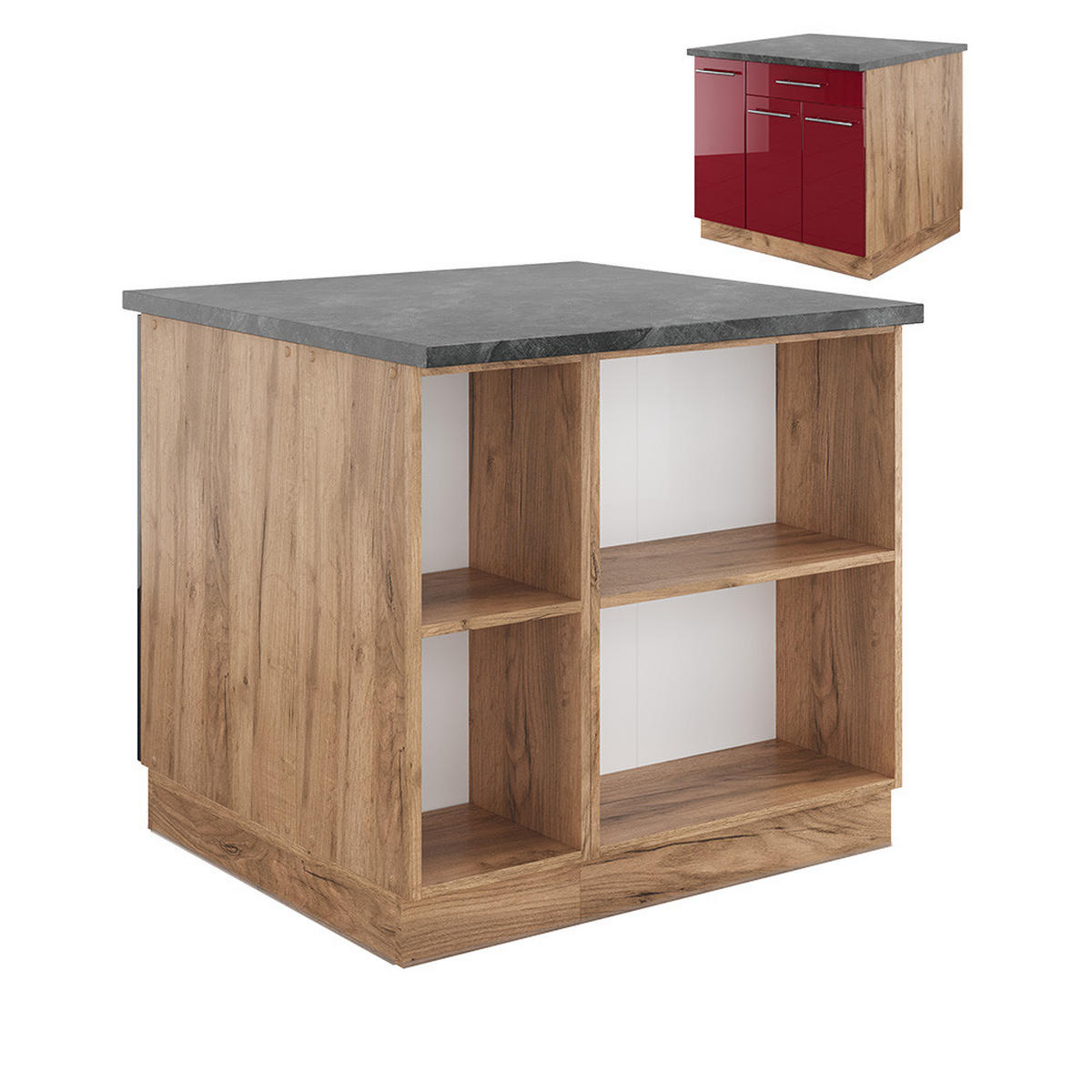 KÜCHENINSEL Fame-Line Bordeaux Hochglanz/Goldkraft Eiche 90 cm ohne AP - Honigeiche/Bordeaux, Holzwerkstoff (90/82/60cm) - Vicco