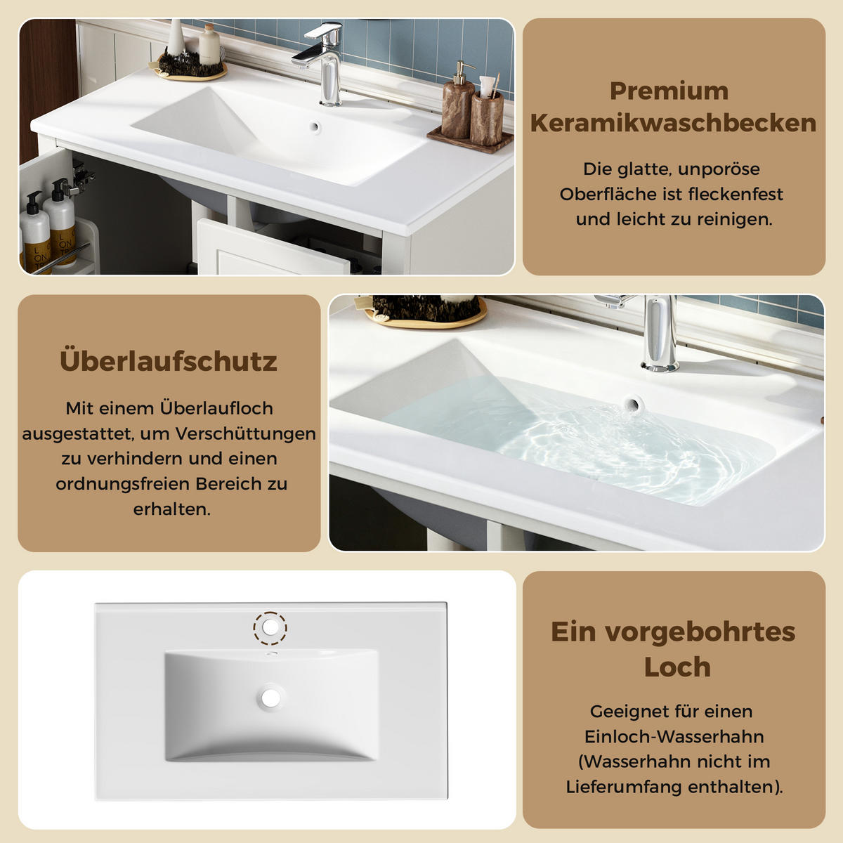 BADEZIMMERSCHRANK Weiß Lackiert 3 Schubladen Tür Stauraum 81cm - Weiß, Keramik (81/86/47cm) - FLIEKS