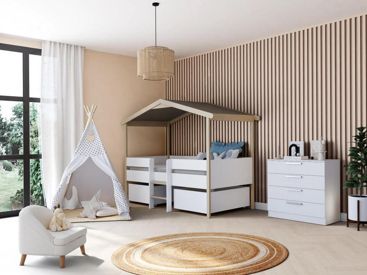 HAUSBETT PILOTI / SPIELBETT 90x190 +2 SCHUBLADEN - Weiß und naturholz - Multicolor, Holz (90/190cm) - Weber Industries
