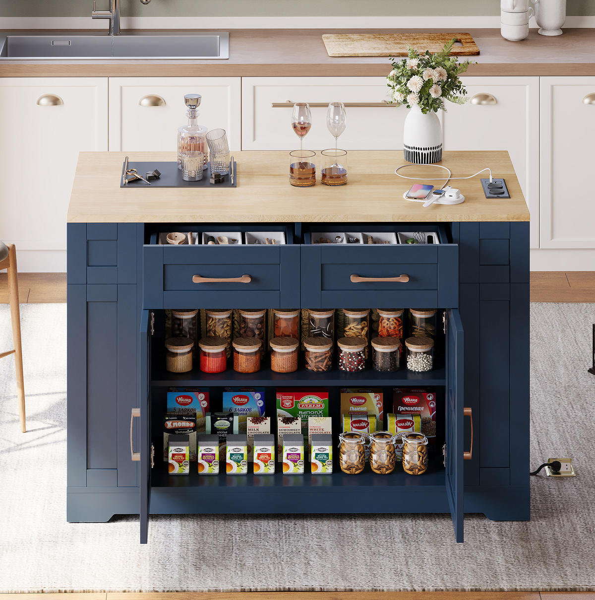KÜCHENINSEL mit Klapptisch 120 cm Blau MDF - Blau, Holz (65/92/120cm) - Beauniv