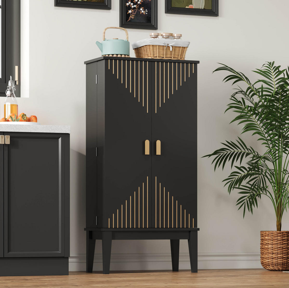 BUFFET 120/59/30 cm aus MDF mit 5 Fächern und Türablagen Schwarz - Schwarz, Holzwerkstoff (59/120/30cm) - Modenvie