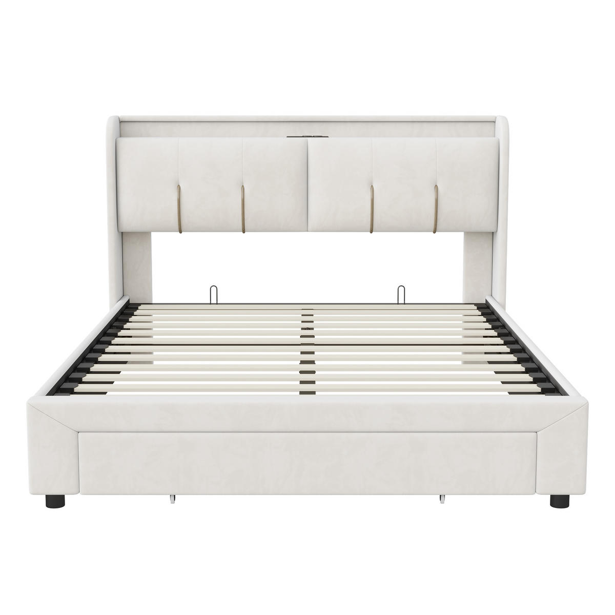 POLSTERBETT 140 x 200 cm, mit USB-Anschluss und LED-Beleuchtung, 2 Schubladen und hydraulischem Stauraum, beige, Samt. - Beige, Holz (140/200cm) - WoodenAura