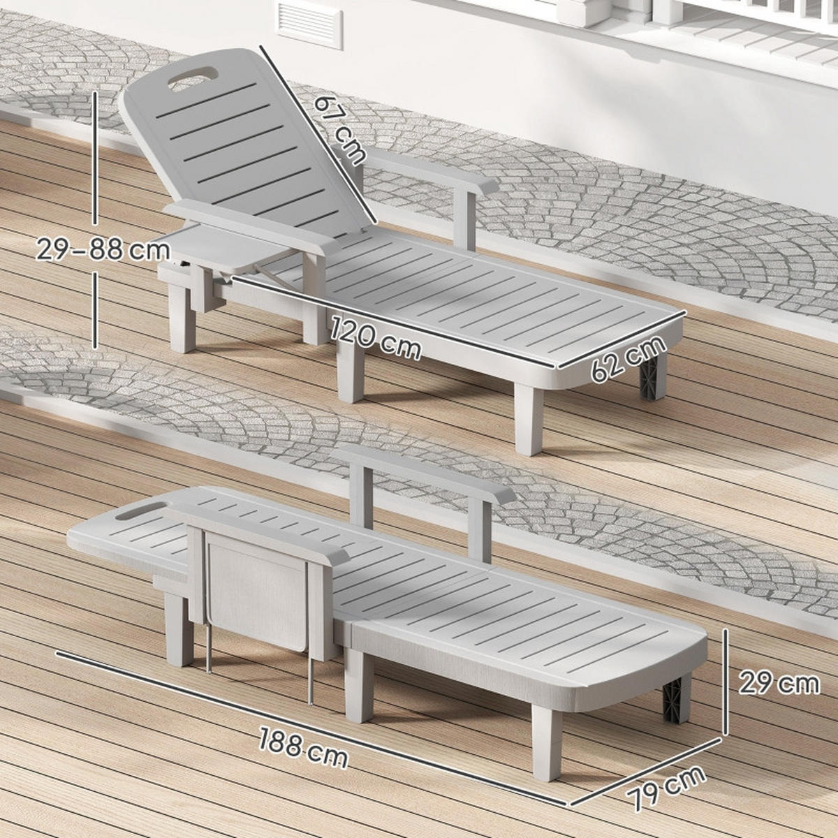 SONNENLIEGE Gartenliege mit Seitentisch Hellgrau 5-fach verstellbar - Grau, Kunststoff (79/88/158cm) - ComfortXL