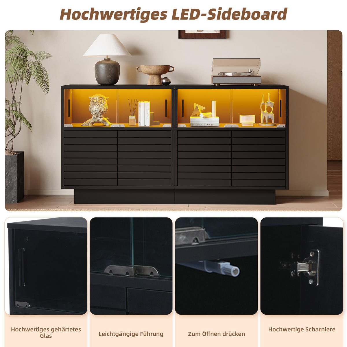 SIDEBOARD LED 2 Türen 4 Fächer Glas 130x35x68cm Stauraum - Schwarz, Holzwerkstoff (35/68/130cm) - FLIEKS