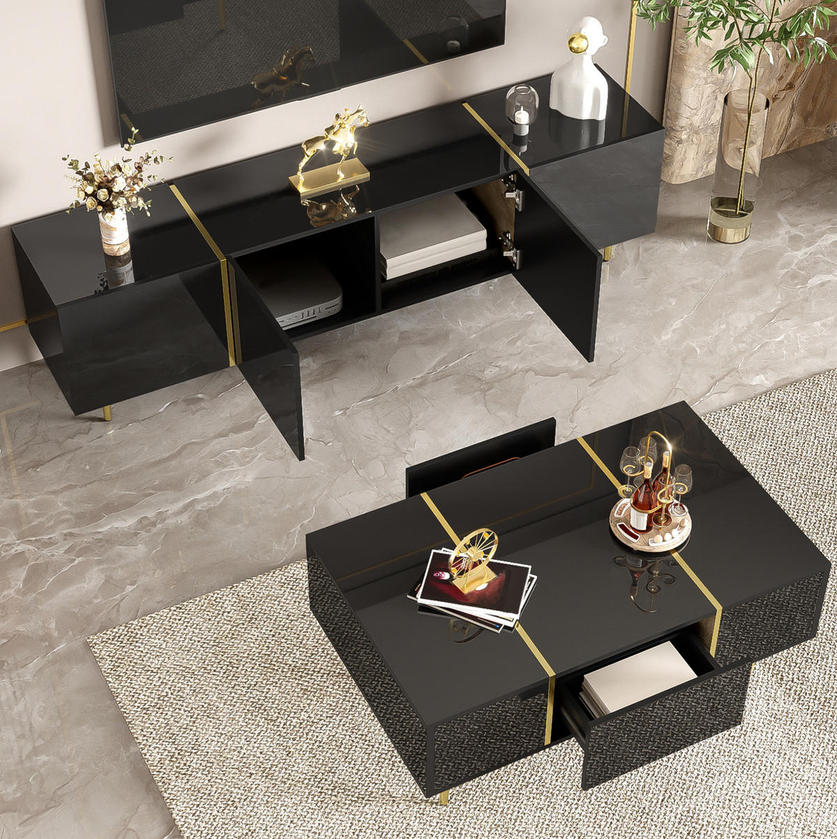COUCHTISCH aus MDF 100x60x41,5 cm in Schwarz Hochglanz mit 2 Schubladen - Schwarz, Holzwerkstoff (100/60/41.5cm) - Modfu