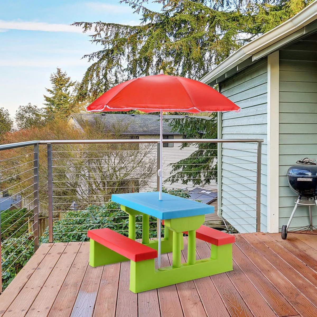 KINDER-GARTENSITZGRUPPE mit Sonnenschirm bunt - Multicolor, Kunststoff - COSTWAY