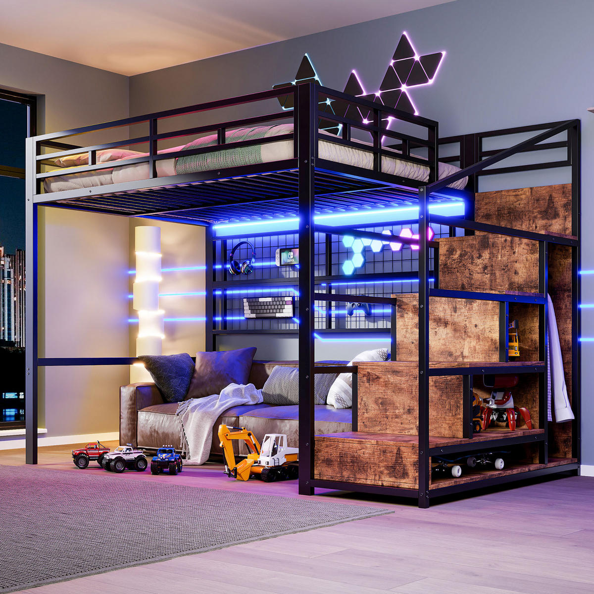 HOCHBETT 140/200 cm aus Metall/MDF mit Stauraumleiter, Kleiderschrank und 7-Farben-LED Schwarz - Schwarz, Metall (140/200cm) - Modenvie