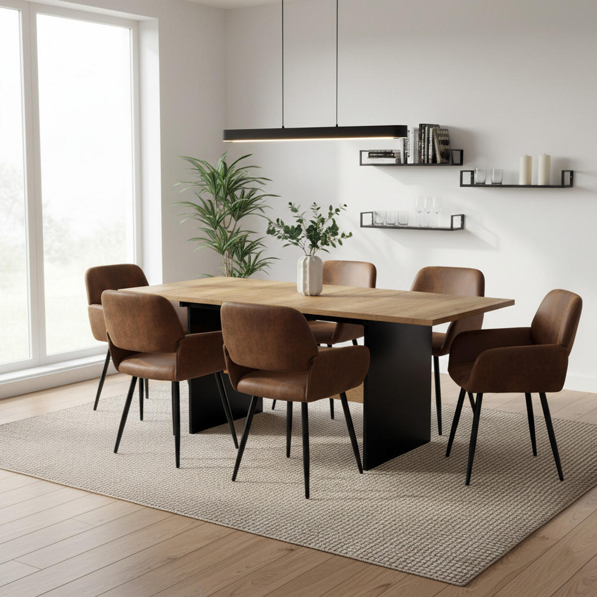 TISCHGRUPPE 7-teilig Ausziehtisch 140–180 cm Eiche-Schwarz & 6x 360° Drehstühle - Schwarz/Eiche San Remo, Holzwerkstoff/Textil (180/75/80cm) - Urban Meuble