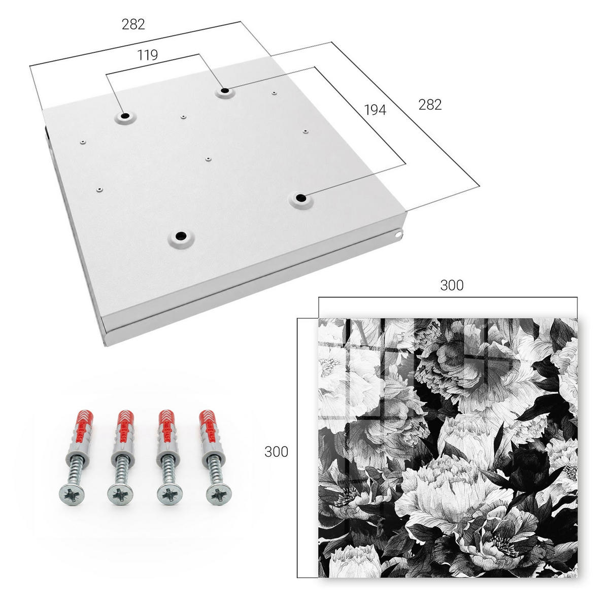 SCHLÜSSELBOX Weiß 30x30 cm – Türöffnung nach rechts - Weiß-weiße Blüten - Grau, Metall (30/30/5cm) - TULUP