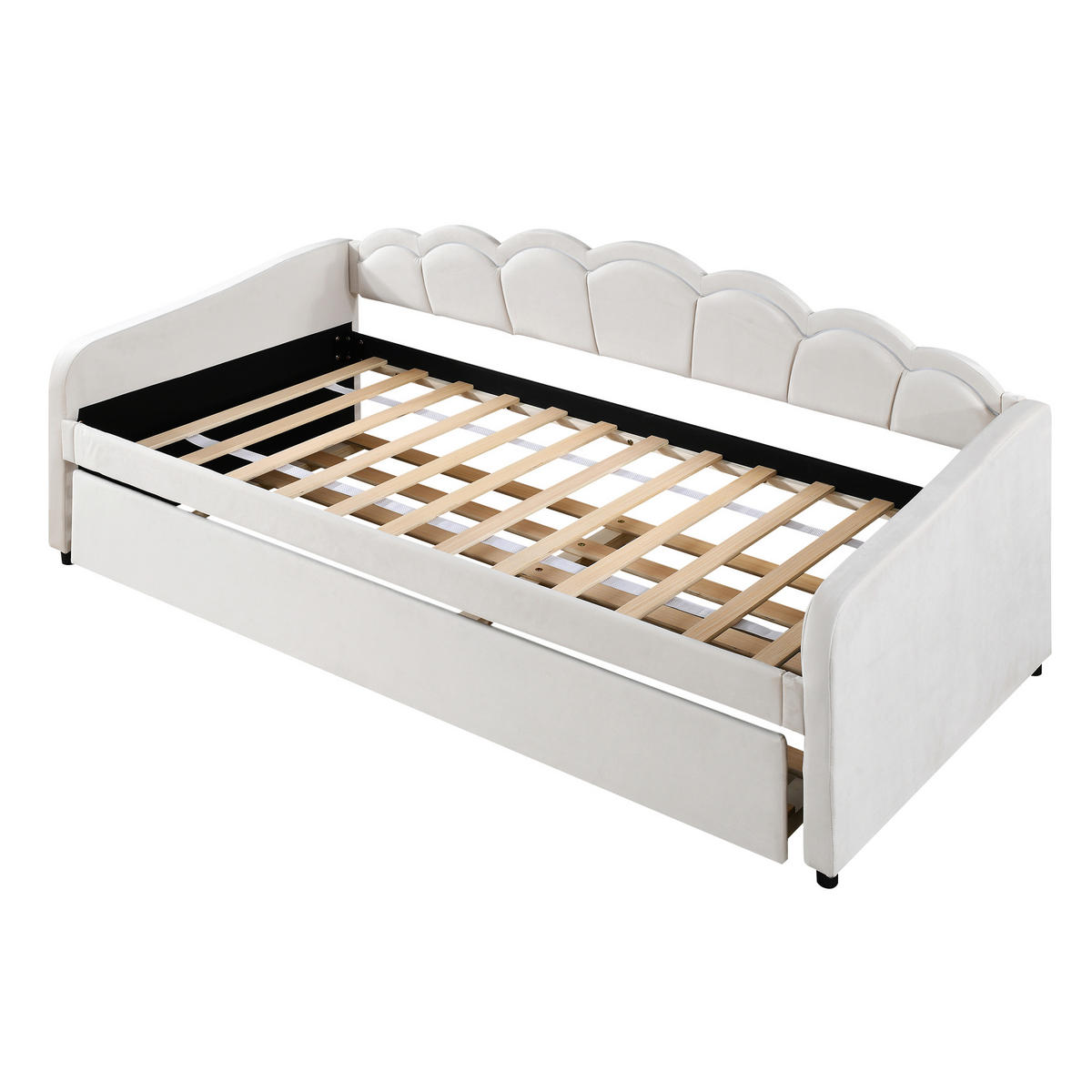 POLSTERBETT aus Samt 90x200 cm in Beige mit LED-Beleuchtung & ausziehbarem Rollbett - Beige, Textil (90/200cm) - Modfu