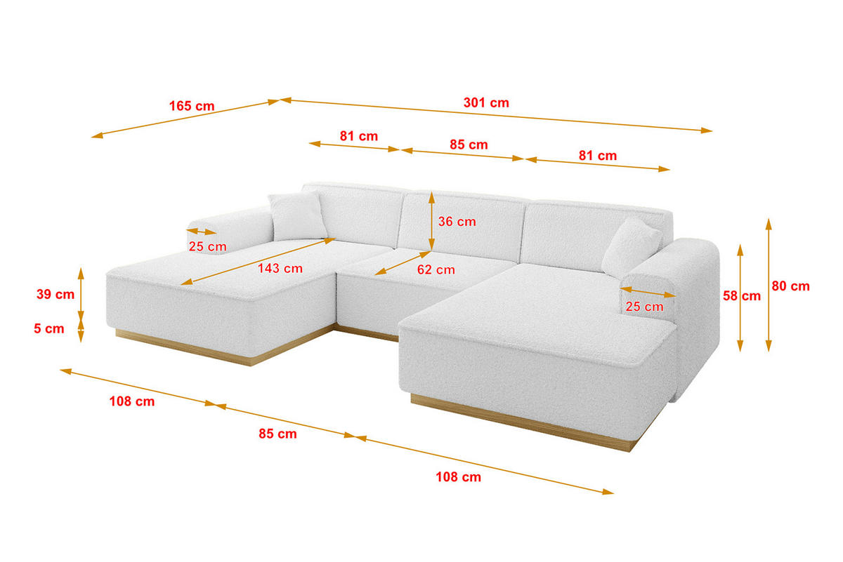 WOHNLANDSCHAFT IREA-U1-v2 - 301x165x80 cm Weiß - Weiß, Holzwerkstoff/Textil (301/80/165cm) - ALTDECOR