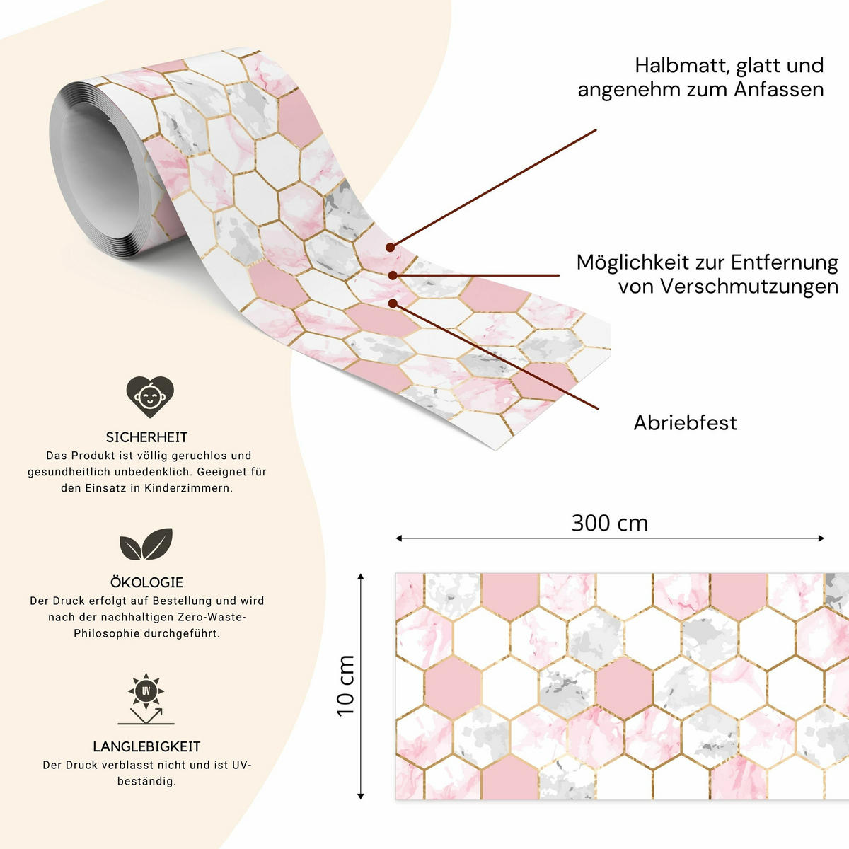 TAPETENBORDÜRE selbstklebend HEXAGON Mosaik Abstraktion Für Schlafzimmer - Beige/Weiß, Papier (10/300/300cm) - Muralo