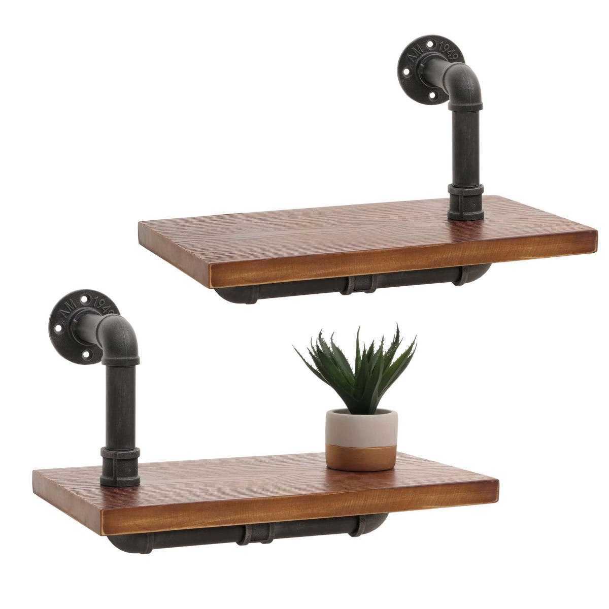 WANDREGAL 2er-Set 29x45x25cm 3D-Struktur Industrial Stahl Massiv-Holz Braun - Braun, Holz (45/29/25cm) - BERLINLODGE