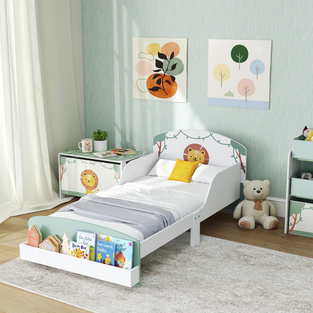 KINDERBETT 140x70 cm DE-14658 mit Schutzbügeln & Stauraum Grün - Grün, Holzwerkstoff (70/140cm) - ComfortXL