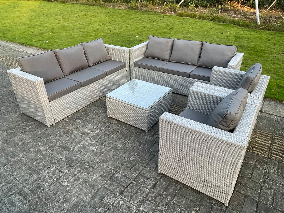 GARTENSOFA SET mit Couchtisch Polyrattan Helles Grau 8-Sitzer - Hellgrau, Metall - Fimous