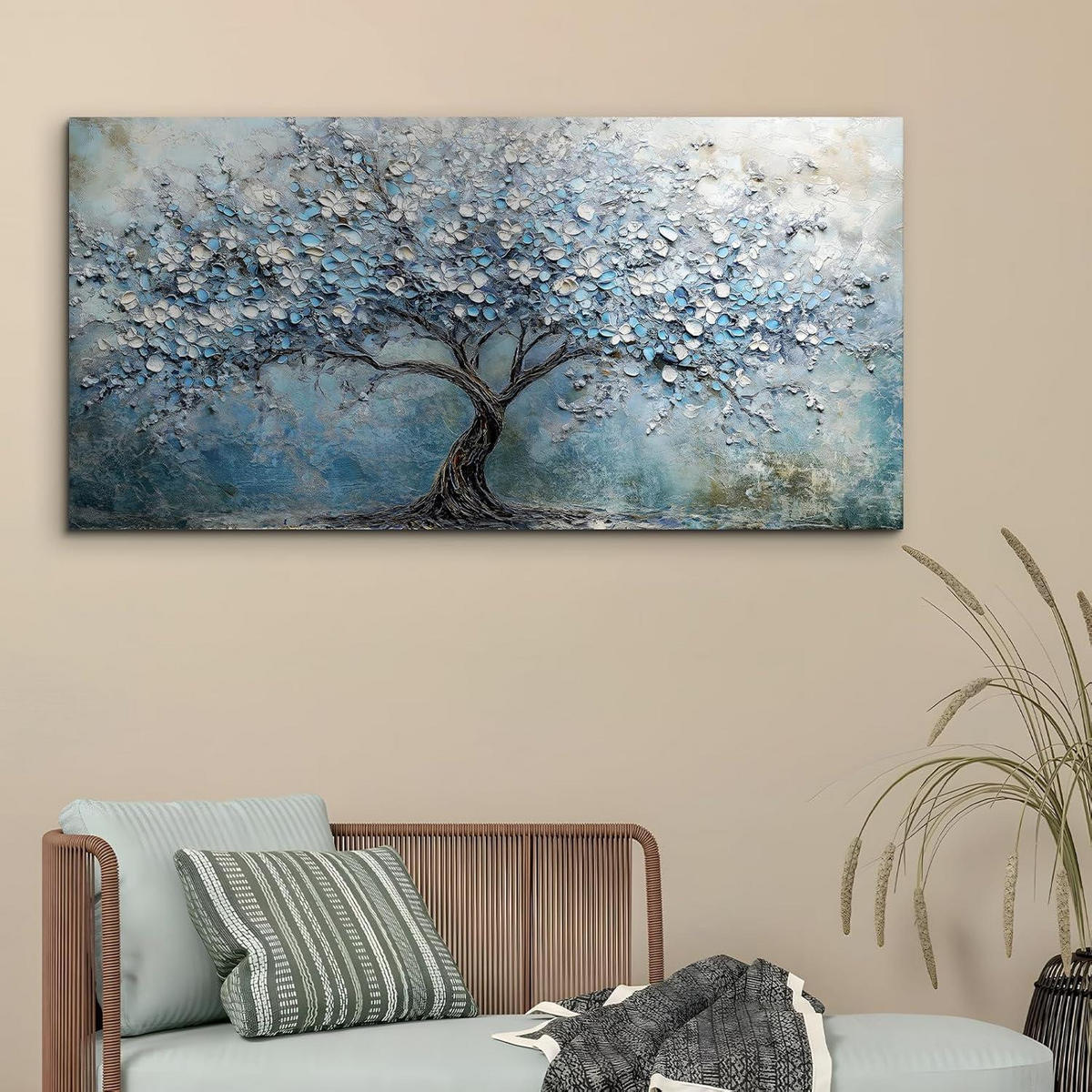 WANDBILD Blühender Baum 73 x 146 cm Leinwand Blau Abstrakt - Blau, Papier (73/0.5cm)